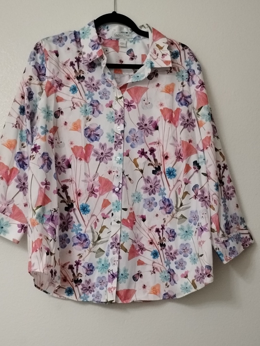 Coldwater Creek White Floral Button-Down Blouse with Pink, Purple & Blue Flowers